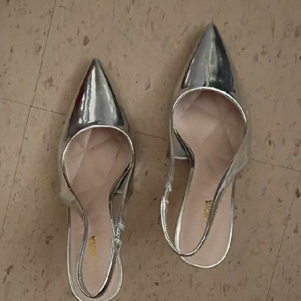 Fashion Nova Metallic Silver Pointed Slingback Heels